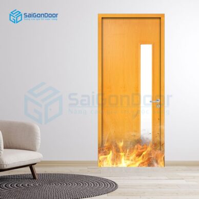 Cửa gỗ ngăn cháy có ô kính cho phòng ngủ MDF Veneer P1G1 soi